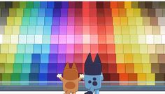 two cartoon dogs are standing in front of a colorful wall and one dog is looking at the ground