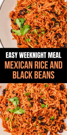 mexican rice and black beans on a white plate