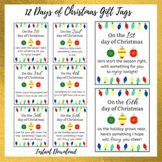 twelve days of christmas gift tags with the text 12 days of christmas gifts on them