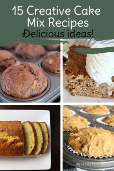 different pictures of cakes and muffins with text overlay that reads 15 creative cake mix recipes delicious ideas