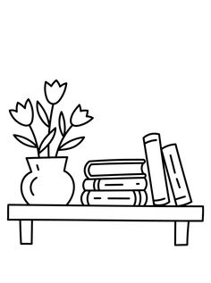 a black and white drawing of books, vase with flowers on a shelf