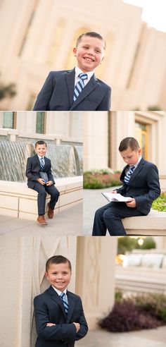 a young boy in a suit and tie sitting on a bench with his arms crossed