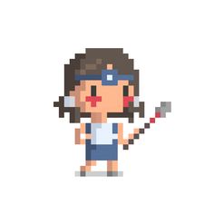 a pixel art girl holding an object in her hand