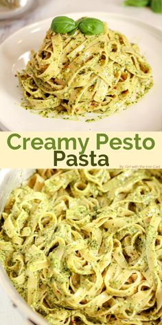 creamy pesto pasta in a white bowl with basil leaves on top and the recipe below