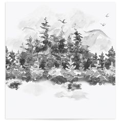 a black and white drawing of trees in the snow