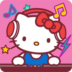 an image of hello kitty with headphones and music notes on her ears, sitting in front of a pink background