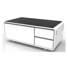 a white and black cabinet with drawers on it's sides, in front of a white background