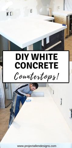 a white counter top with the words diy white concrete countertops in black and white