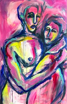 an abstract painting of two people hugging each other in pink and blue colors with yellow accents