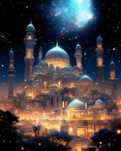 an image of a fantasy city at night