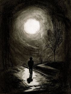 a drawing of a person walking in the dark