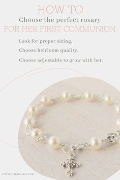 When you choose her First Communion gift, be sure to find something perfect. Look for proper sizing, you want to be sure it fits her perfectly. Look for an heirloom-quality rosary, one that will last… Real Pearl Jewelry, Handmade Pearl Jewelry, Real Pearl Jewellery, Choose Her, New Baby Flowers, Jewelry For Girls, Bracelet For Her, Pearl Love