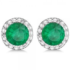 Diamond and Emerald Earrings Halo 14K White Gold (1.15ct) Emerald Diamond Earrings, Round Diamond Earrings, Halo Diamond Earrings, Earrings White Gold, White Gold Diamond Earrings, Pave Diamond Earrings, Rose Gold Earrings Studs, White Gold Earrings Studs, Rose Gold Studs