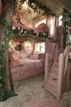 a bedroom with pink furniture and flowers on the ceiling, stairs leading up to bed