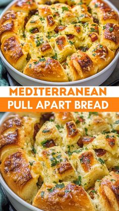 two images showing different types of breads with cheese and herbs on top, one in a casserole dish