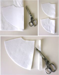 four pictures show how to sew the top and bottom part of a white shirt