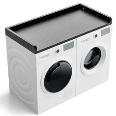 a white and black box with two washers in it's front, on a white background