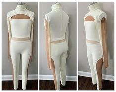 three photos of the back and sides of a white bodysuit with cutouts on it