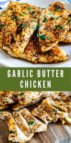 garlic butter chicken on a white plate with green garnish and text overlay