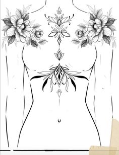 a drawing of a woman's breast with flowers on her chest and an arrow in the middle