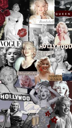 marilyn monroe collage with red roses and hollywood stars in black and white, including the famous actress