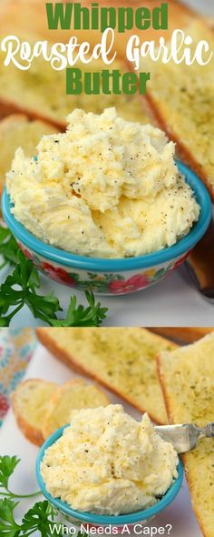 two pictures of bread with whipped garlic butter in them