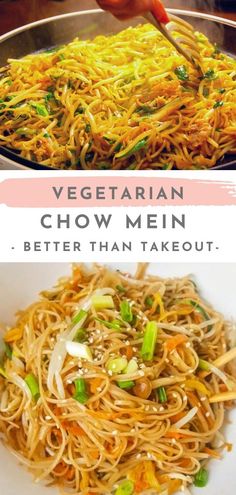 two pictures with the words vegetarian chow mein and an image of noodles in a pan