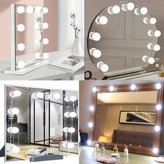 three different views of a vanity mirror with lights on the side and in front of it