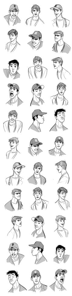 some sketches of people with hats and glasses on their heads, all in black and white