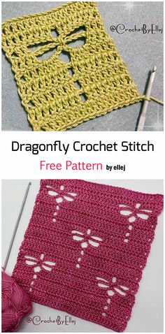 the dragonfly crochet stitch pattern is shown in three different colors and sizes