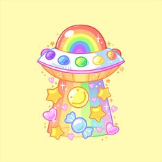 an image of a cartoon space ship with stars and rainbows on the front, in pastel yellow background