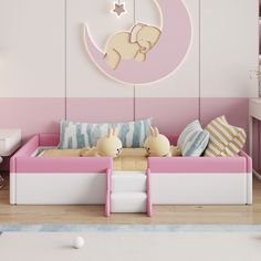 a child's bedroom decorated in pink and white