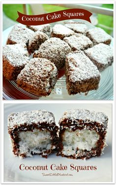 coconut cake squares cut in half on a white plate with the words coconut cake squares