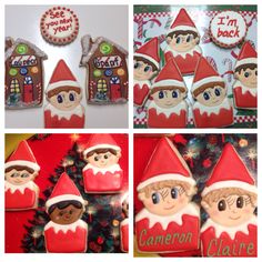 the cookies are decorated to look like elfs and gingerbread houses with santa hats on them