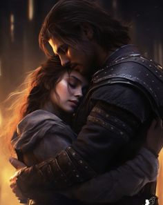 a man and woman hugging in the rain with their arms around each other, both wearing armor