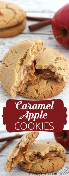 caramel apple cookies are cut in half and stacked on top of each other, with the cookie being eaten