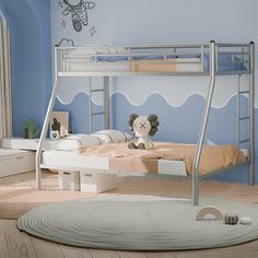 a child's bedroom with a bunk bed, dresser and toy monkey on the floor