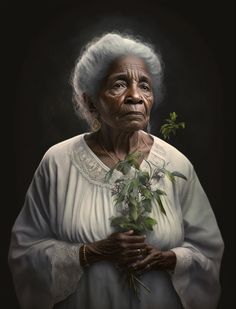 an old woman holding flowers in her hands