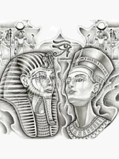 an egyptian scene with two heads and symbols on the face, in black and white