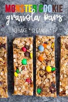 no bake monster cookie granola bars with m & m candies on top