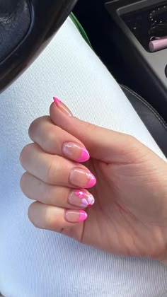 Almond Summer Nails Design 2023, Pink French Tip Nails Almond With Flowers, Colorful French Tips With Flowers, Short Summer Acrylic Nails Almond Pink, Pink French Tip And Flower Nails, Summer Nails Flowers Almond, Almond French Tip Nails Summer, French Tip Accent Nail Ideas, Cute Sns Nail Ideas For Spring