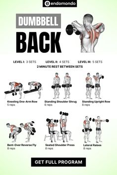 the dumbbell back workout plan for beginners is shown in black and white, with instructions