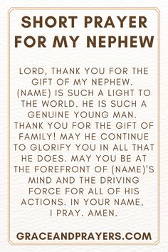 a prayer card with the words,'short prayer for my nephw '