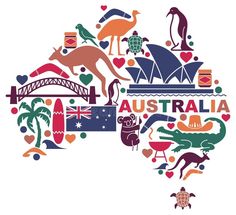 australia map with icons and symbols in the form of an australian state symbol, on white background