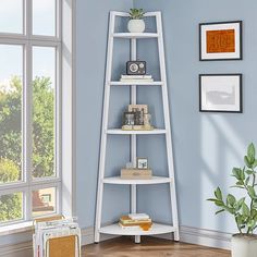 a white leaning shelf in a blue room with pictures on the wall and a potted plant next to it