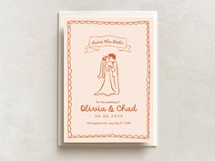 an orange and white save the date card with a bride and groom holding each other