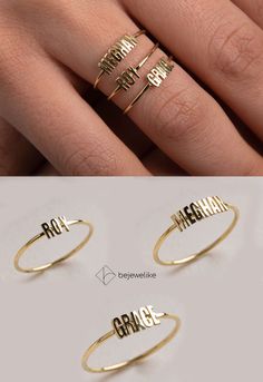 "This Tiny Name Ring is 14k Solid GOLD ( not filled or plated). You can customize this name ring with the name/word/date/mantra of your choice. Gold Name Ring is the best jewelry you could ever find. This will be the best gift for you and your loved one. All our gold/silver rings are suitable for all kinds of clothing and add great sparkle to your wardrobe. Each gold ring is made to order, which gives our pieces a unique meaning that is specific and special to you. We offer many alternatives to Ring With Name, Personalized Stackable Rings, Gold Name Ring, Word Jewelry, Handwriting Necklace Custom, Minimalistic Jewelry, Word Ring, Silhouette Necklace, Mum Life