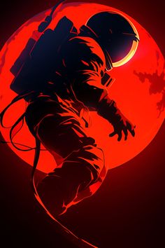 an astronaut in front of a red moon with his hands on the ground and legs up