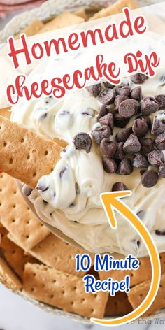 homemade cheesecake dip recipe with chocolate chips and crackers in the middle on a plate