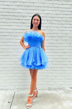 Sky Blue Ruffled Short Party Dress Blue Homecoming Dress, Dresses For Homecoming, Tulle Homecoming Dress, Blue Homecoming Dresses, Hoco Dress, Short Party Dress, White Sky, Blue Tulle, A Line Shorts